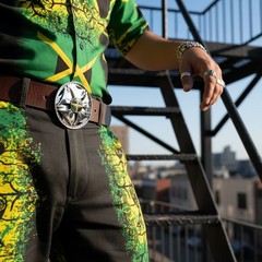 Men Women Silver Metal Fashion Belt Buckle Round Spinning Jamaica Flag Colors