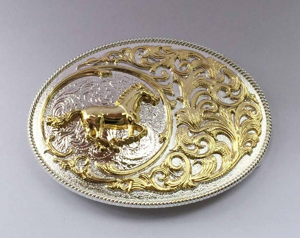 ✖ HQ WESTERN Horse Cowboy Rodeo Style Belt Buckle Heritage Gold silver plated US