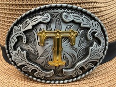 Antiqued Silver Gold Initial T Oval Western Cowboy Floral Vine Belt Buckle