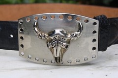 Silver Toned Metal Bull Steer Cow Head Face Belt Buckle & Leather Belt