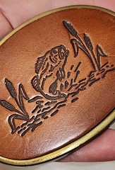 Vintage 70s Fishing Belt Buckle Brass Fish Scene Made USA Western Resin Inlay