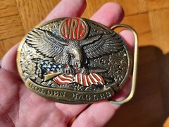 Vtg NRA Golden Eagles Oval Bronze Belt Buckle Flying Eagle Flag Gun Made In USA