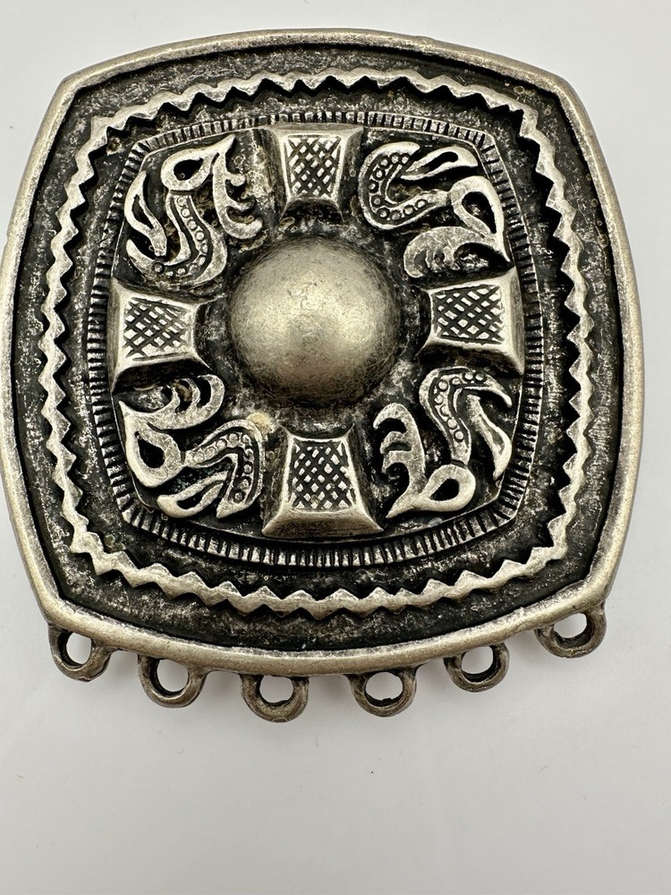 VTG Western Belt Buckle Ornate Silver Aztec Mexican Style EUC Heavy