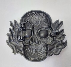 Tribal Skull On Fire Fantasy Artwork Pewter Belt Buckle: 1.5&Prime; Belt Width