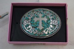 Nocona Belt Buckle Oval Cross with Turquoise Belt Buckle M & F Western 37914