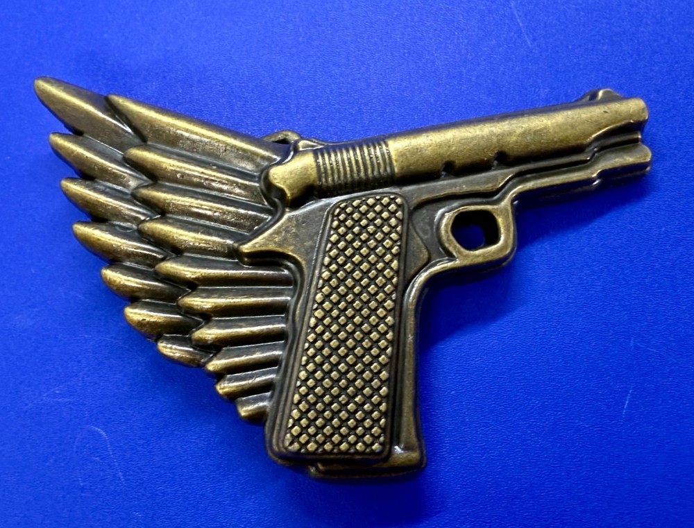 Winged Gun Flying Pistol Handgun Figural Cutout Brass Tone 4&Prime; Wide Belt Buckle