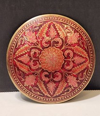 Vintage Red Enamel Floral Damascene Style Round Belt Buckle India 4.75”