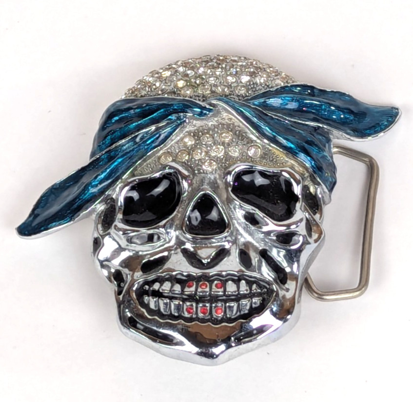 Vintage Y2K Skull Belt Buckle Rhinestone Pirate Biker Rocker Heavy Metal