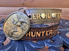 VTG SOLID BRASS INDIANA METAL CRAFT BELT BUCKLE With Tooled Belt Deer Hunters 34