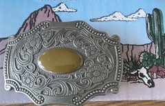 Western Floral Silver Tone Belt Buckle w/ Yellow Oval Stone Fits 1.5in