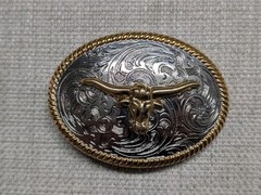 vintage style WESTERN belt buckle LONG HORN steer COWBOY gold/silver RODEO