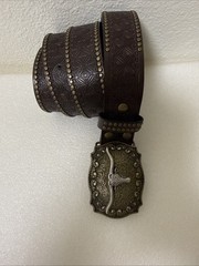 Men’s Size 33&Prime;-38&Prime; Brown Embossed Western Belt W/ Longhorn Buckle, Studded Edge