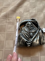 Metal Belt Buckle Grim Reaper Skull Scythe 3D Relief Silver Tone Biker Style