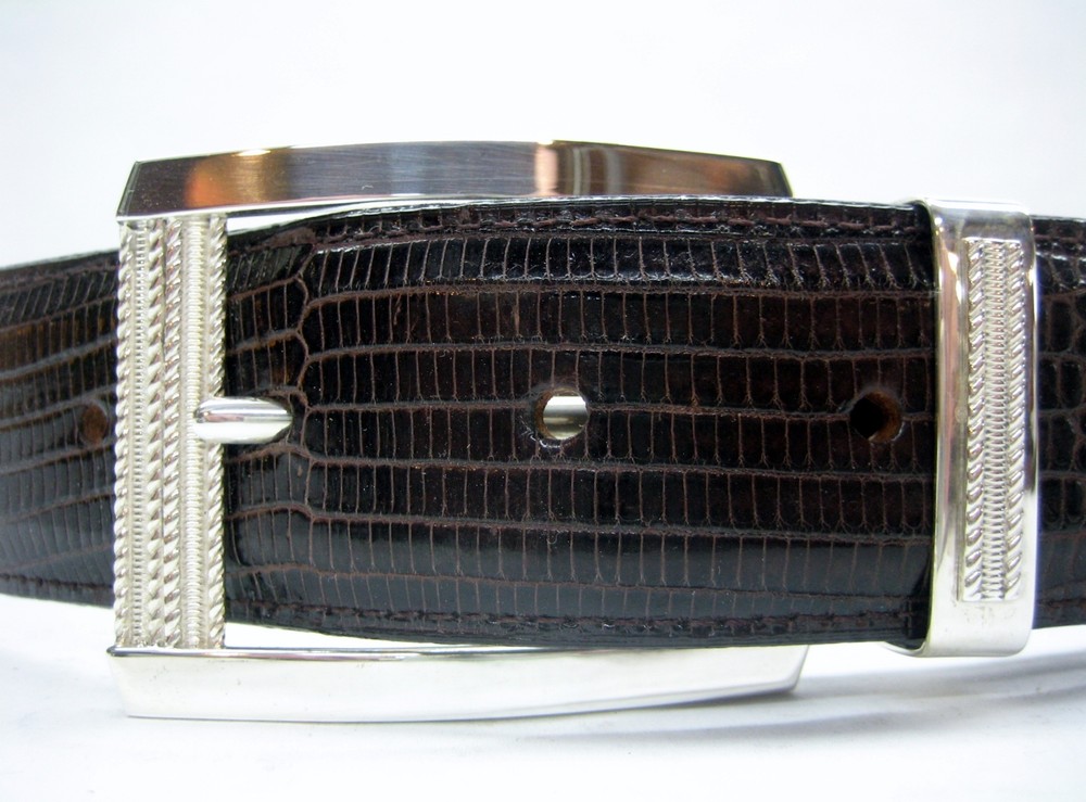 Sterling silver 925 buckle & loop, 44 grams w/Genuine Lizard 1.5  » belt U.S.A..