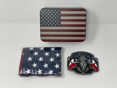 Belt Buckle Gift Set with 12 x 18 Inch American Flag with USA Flag Tin – Texas