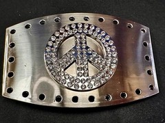 Jeweled Peace Sign Studded Rhinestone Silver Tone Belt Buckle W/ Hole Border