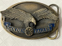 Vintage NRA Belt Buckle Golden Eagles Solid BRASS Blue Made in USA NRA Am Eagle