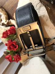 Salvatore Ferragamo Gun Metal tone Rectangle Buckle black leather belt