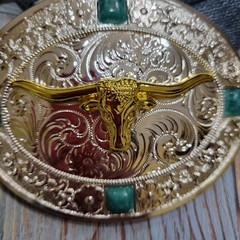 Longhorn Western belt Buckle oval Gold Silver Heavy blue stone accents