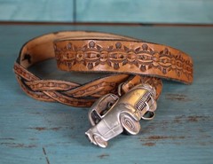 Vintage Bergamot Brass Works 1981 Corvette Belt Buckle 42&Prime; Tooled Leather Belt