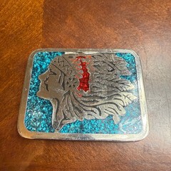 Vintage N.I. Native American Chief Belt Buckle Blue Crushed Glass Silver Tone