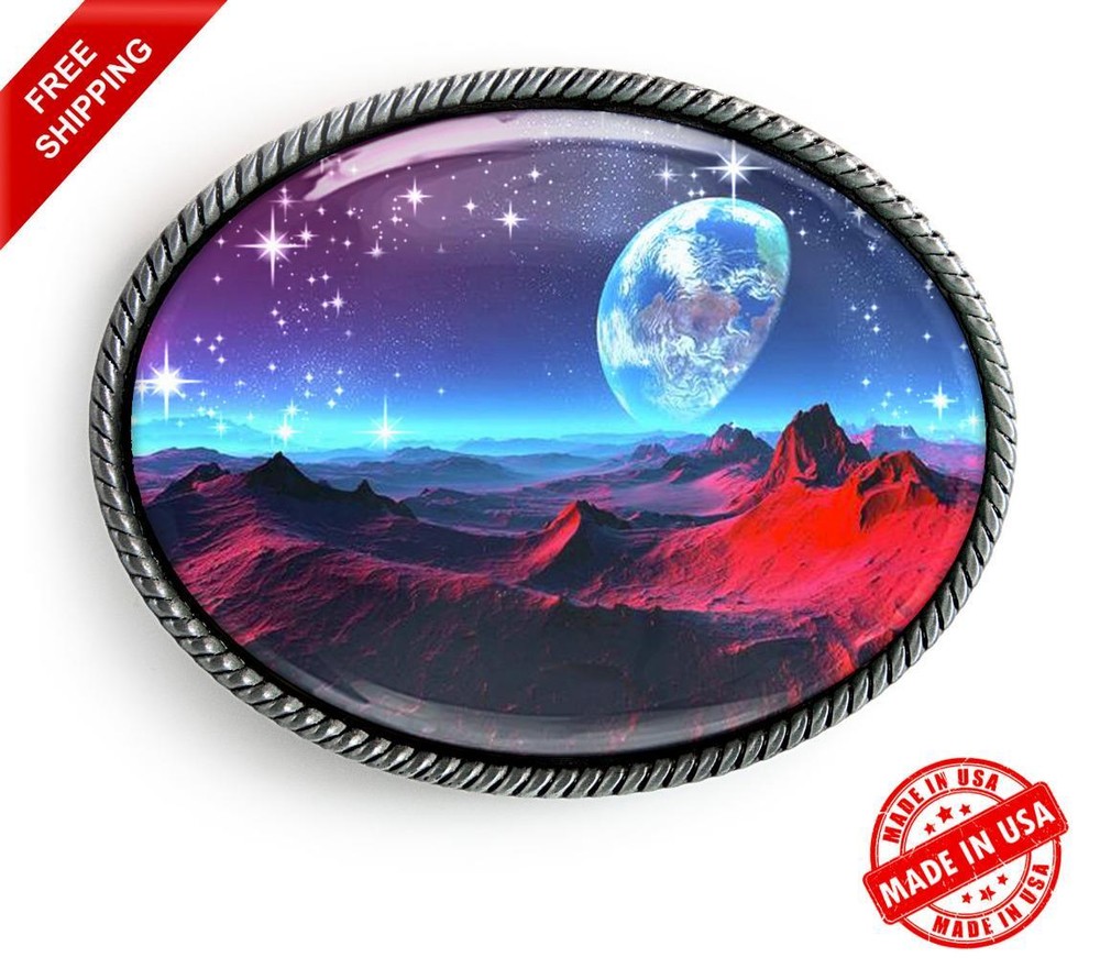 Sci-fi Belt Buckle – Alien Fantasy Landscape Handmade Silver Buckle – 629