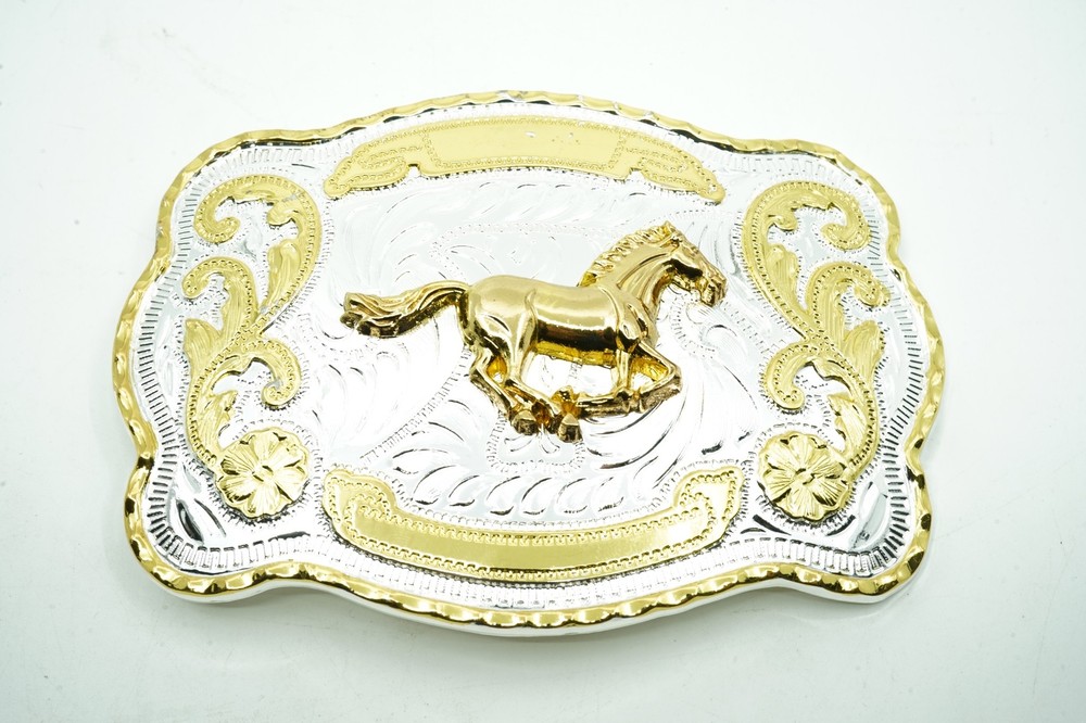 Large Western Horse Cowboy Cowgirl Gold/Silver Metal Belt Buckle