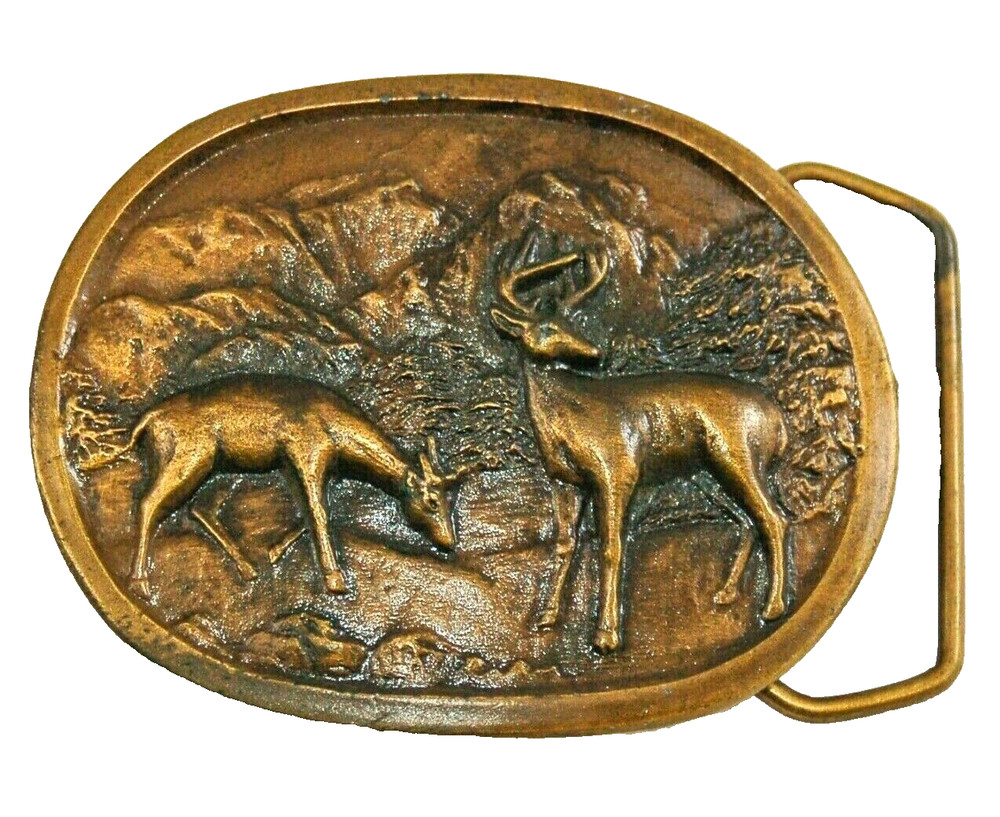 Deer Mountains high relief brass belt buckle oval 3 inch E97 Indiana Metal Craft