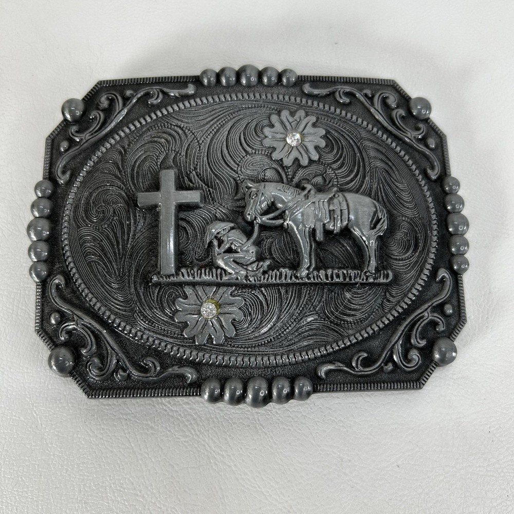 Western Floral Belt Buckle Praying Cowboy Kneeling at Cross Silver Tone Rodeo
