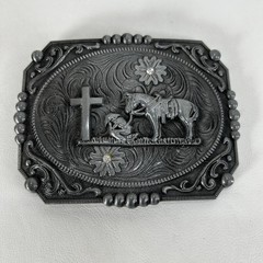 Western Floral Belt Buckle Praying Cowboy Kneeling at Cross Silver Tone Rodeo