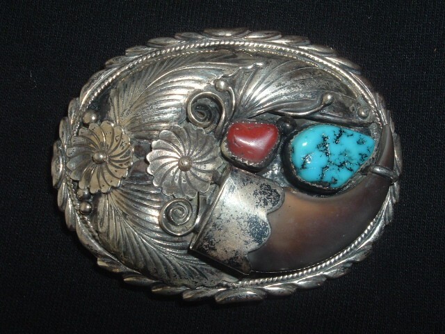 SIGNED R. BEGAY NAVAJO STERLING TURQUOISE CORAL BELT BUCKLE