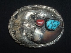SIGNED R. BEGAY NAVAJO STERLING TURQUOISE CORAL BELT BUCKLE