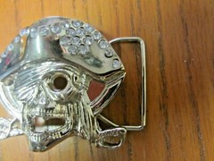 Jolly Roger – Skull Silver Tone Belt Bucket With Clear Gemstones