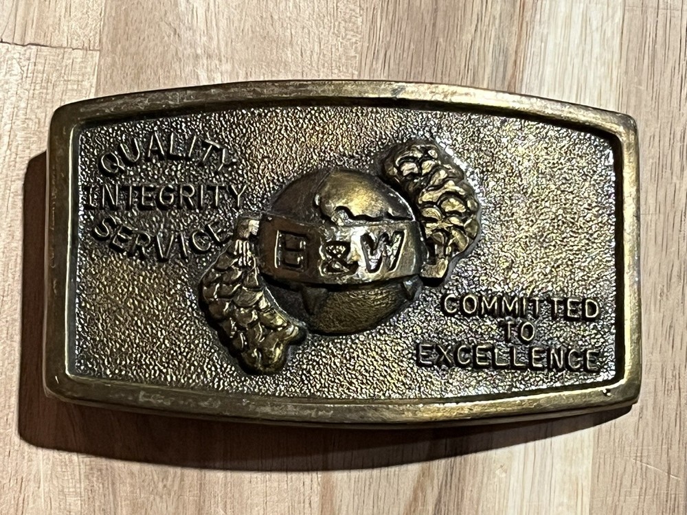 Vintage Quality Integrity Service B&W Logo Embossed Solid Brass Belt Buckle