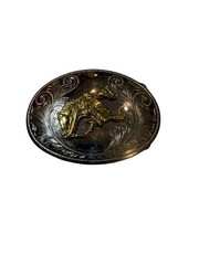 Vintage Western Cowboy Rodeo Belt Buckle Horse Rider Engraved Silver Gold Tone