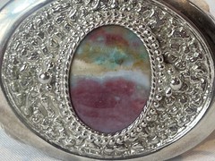 Vtg Western Style Belt Buckle Silvertone And Polished Flat Multicolor Stone