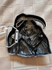 Metal Belt Buckle Grim Reaper Skull Scythe 3D Relief Silver Tone Biker Style