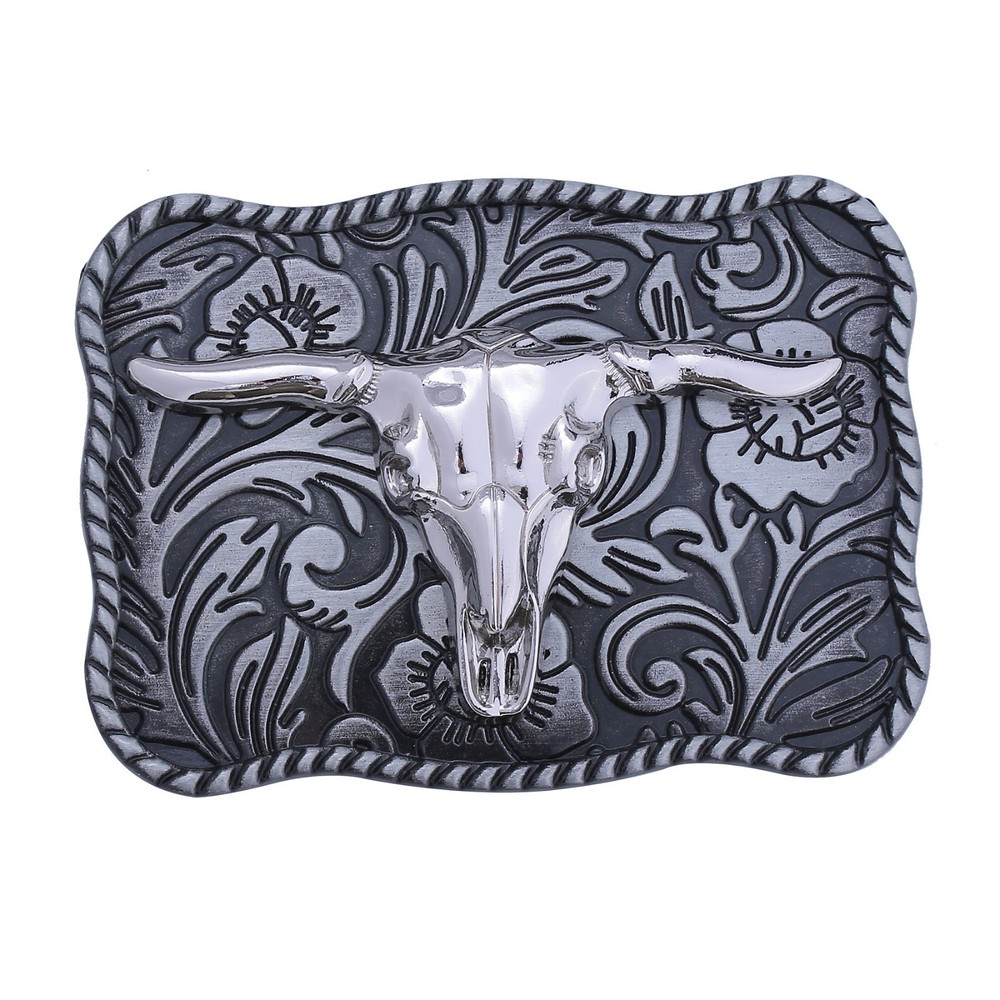 Chrome Longhorn Skull Western Bull Belt Buckle Engraved Cowboy Unisex 3.5 x 2.5