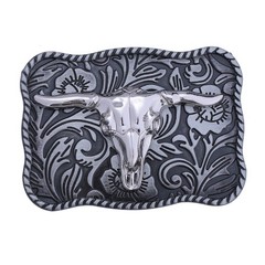 Chrome Longhorn Skull Western Bull Belt Buckle Engraved Cowboy Unisex 3.5 x 2.5