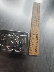 JUSTIN BELT CO. FORT WORTH TEXAS Vintage Skiing Silver Tone Belt Buckle