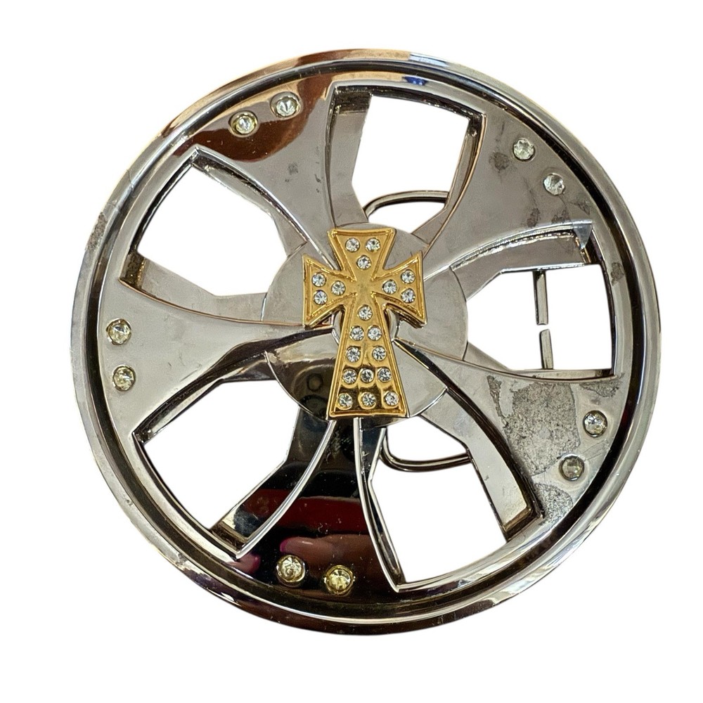 Vintage Iron Cross Spinner Belt Buckle Chrome Gold Two Tone Y2K Industrial Rave