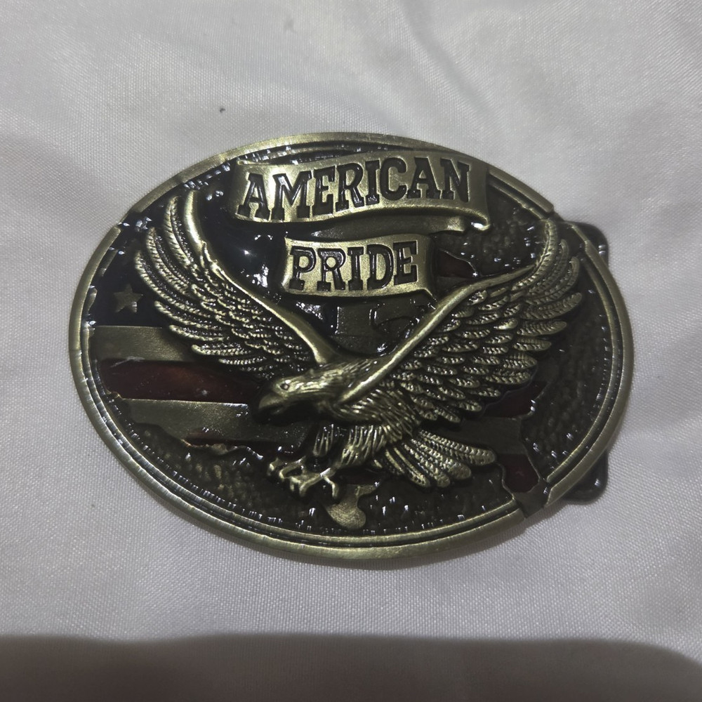 American Pride Oval Metal Western Belt Buckle Eagle USA Flag Fits 1.5 in