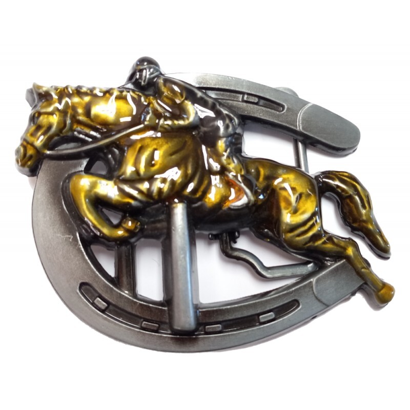 Metal Finish Belt Buckle with Horseshoe and Riding Jockey