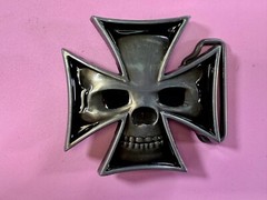 Maltese Iron Cross with Skull Reflective Cutout Gothic Punk Vibe Belt Buckle
