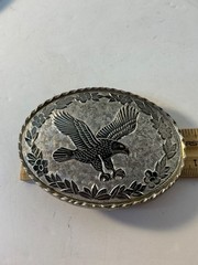 Vintage American Flying Eagle Oval Belt Buckle Etched Leaf USA Made Silver Tone