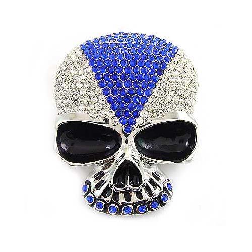 Skeleton Pirate Skull Tattoo Clear & Blue Rhinestone Metal Fashion Belt Buckle