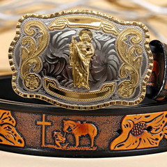 Saint Jude Western Rodeo Gold Tone Shine Design Fashion Cowboy Belt Buckle