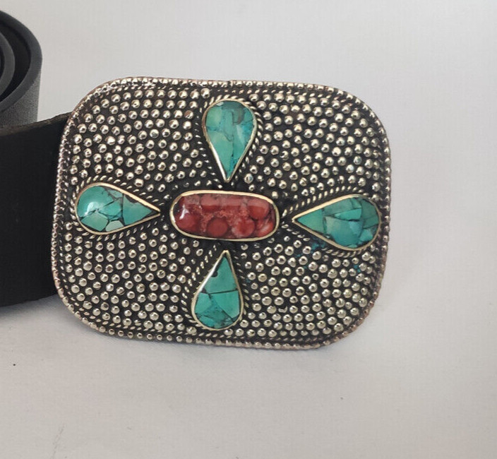 Tibetan Silver Belt Buckle waist trap Turquoise Coral Clasp , 3B