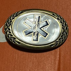 Vintage Solid Brass Star of Life EMS EMT Medical Belt Buckle Blue White Gold B21