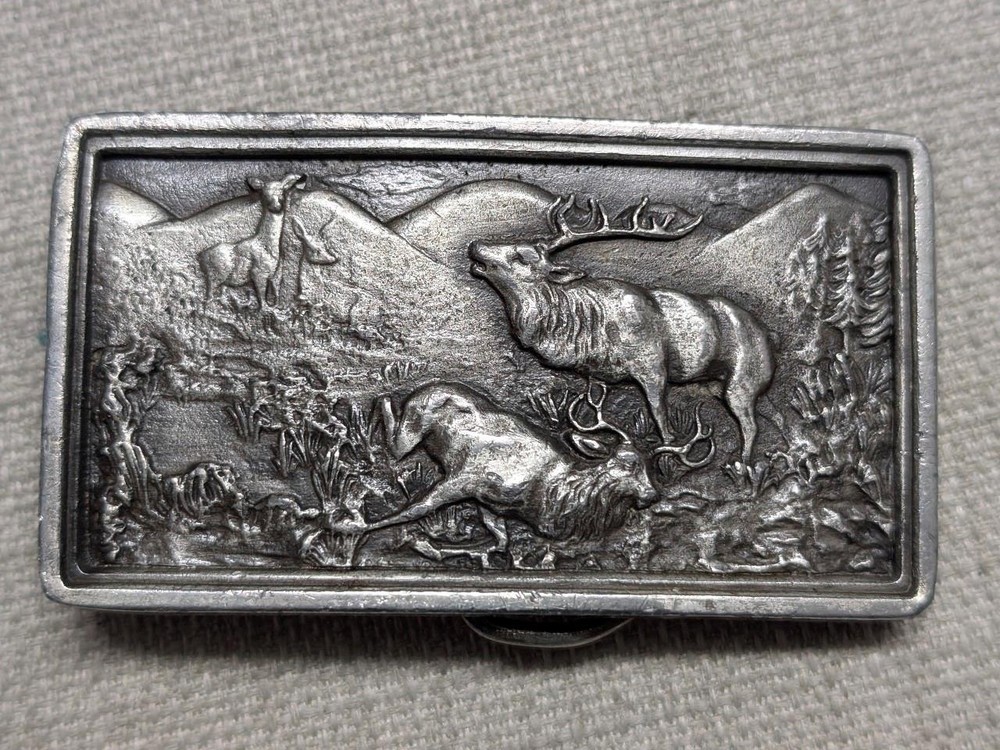 1970s vintage USA made INJURED ELK belt buckle BRASS heavy WESTERN deer nature